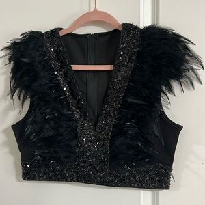 Unbranded STATEMENT black sequin crop top with feathers